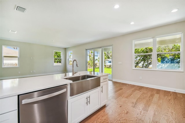58251/2 S 5th St, Tampa, FL 33611 - kitchen with dishwasher, a sink, light countertops, light wood-style floors, and white cabinets