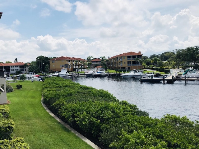 water view featuring a dock