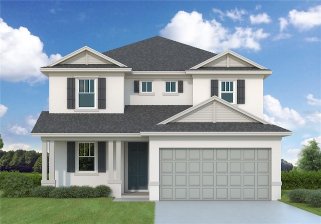 view of front of home with an attached garage, a shingled roof, driveway, stucco siding, and a front yard