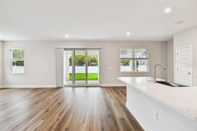 kitchen with open floor plan, wood finished floors, plenty of natural light, and a sink