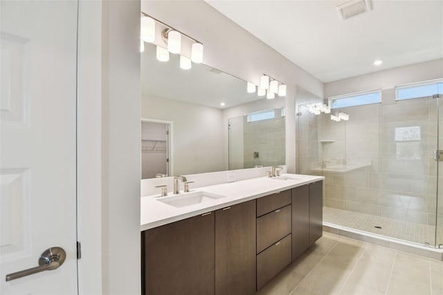 full bath with visible vents, a sink, and a shower stall