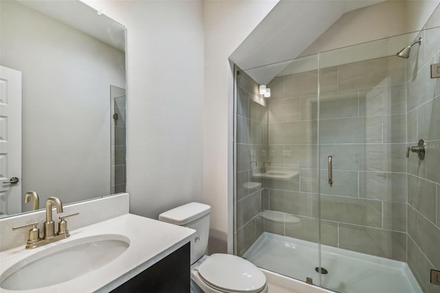 bathroom with a shower with door, vanity, lofted ceiling, and toilet