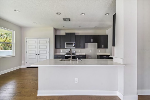 kitchen featuring a textured ceiling, dark hardwood / wood-style floors, sink, and stainless steel appliances