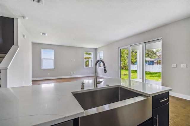 kitchen featuring light stone counters, dark hardwood / wood-style flooring, and sink