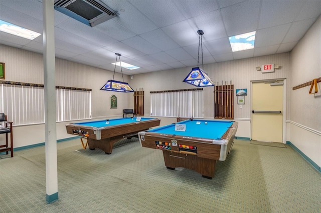 game room with a paneled ceiling, carpet floors, and billiards