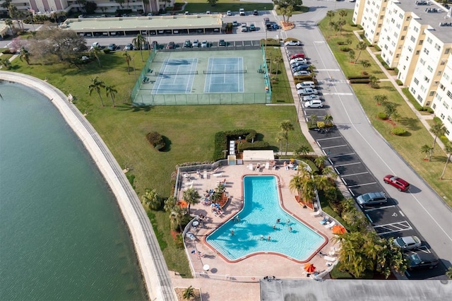 aerial view featuring a water view