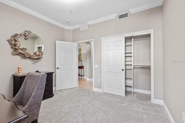 carpeted office featuring ornamental molding