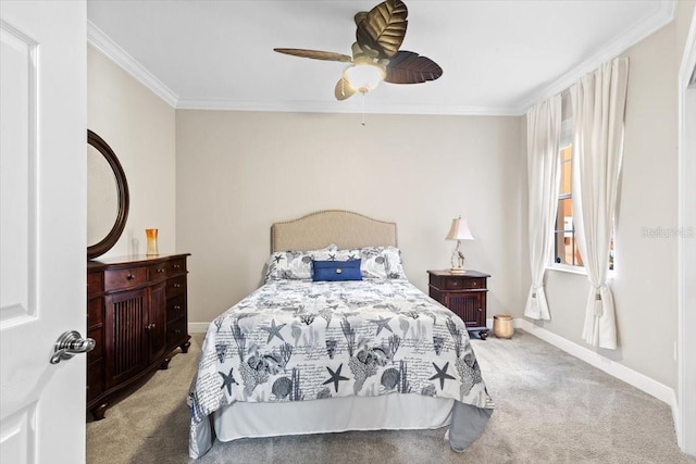 bedroom featuring ceiling fan, carpet, and ornamental molding