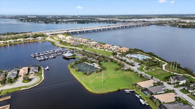 aerial view featuring a water view