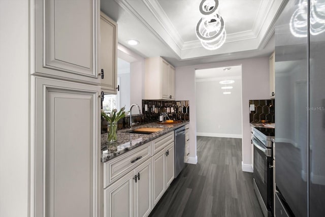 kitchen with sink, dark stone countertops, a tray ceiling, dark hardwood / wood-style flooring, and stainless steel appliances