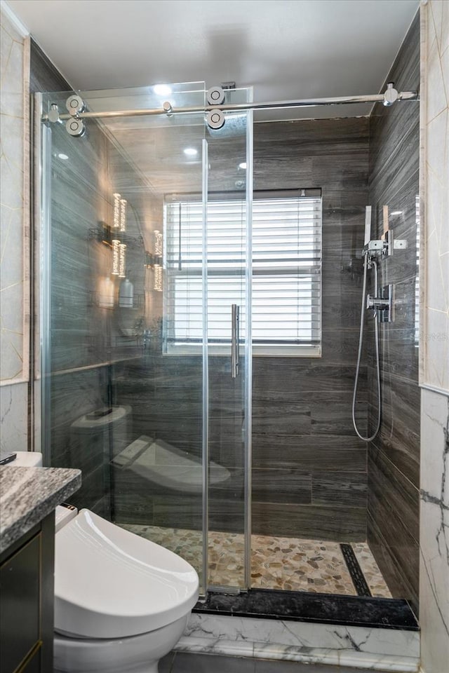 bathroom featuring a shower with door, vanity, and toilet