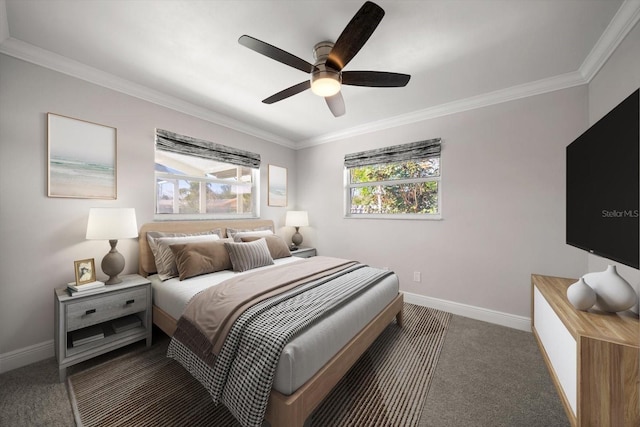 carpeted bedroom with ceiling fan, crown molding, and multiple windows