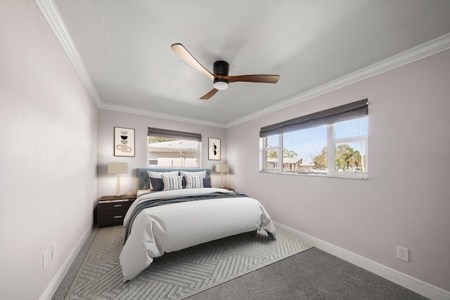 bedroom with carpet, ceiling fan, and crown molding