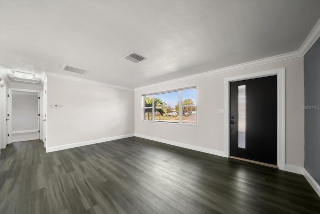 interior space featuring dark hardwood / wood-style flooring and ornamental molding