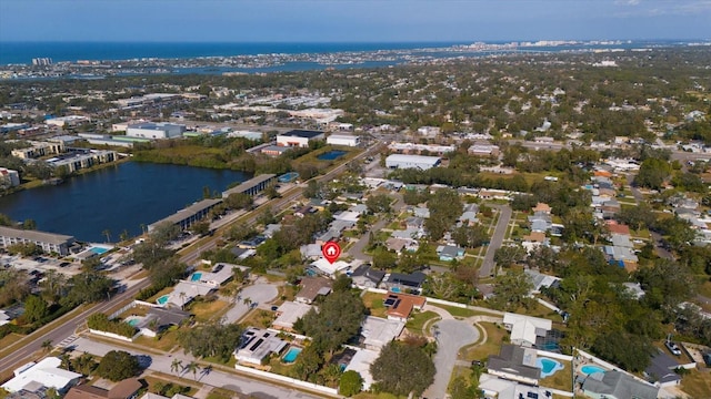 bird's eye view with a water view