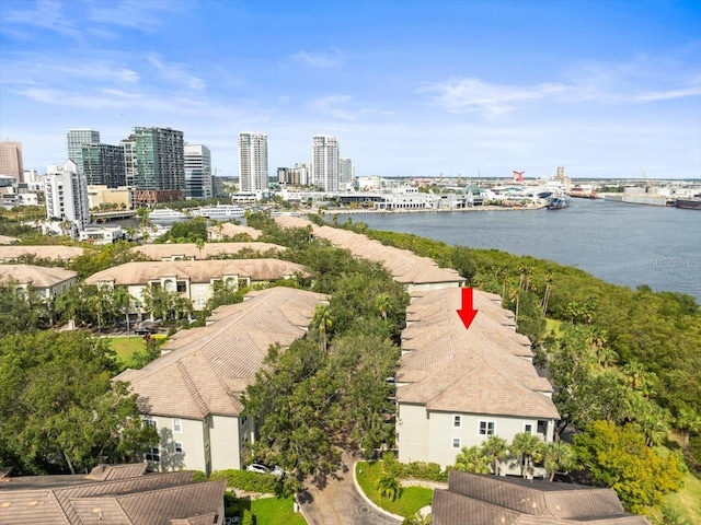 aerial view featuring a water view