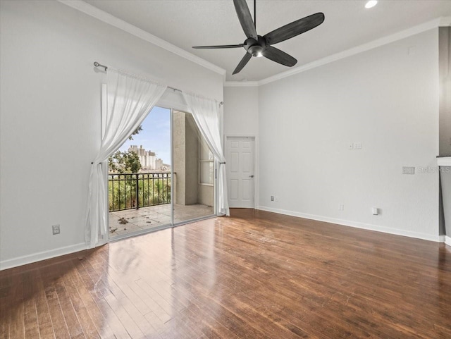 unfurnished living room featuring dark hardwood / wood-style floors, ceiling fan, and ornamental molding