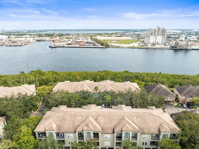 aerial view featuring a water view