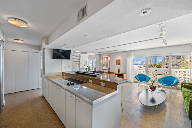 kitchen featuring kitchen peninsula, white cabinets, track lighting, and a textured ceiling