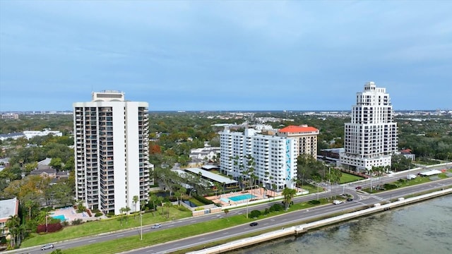 drone / aerial view with a water view