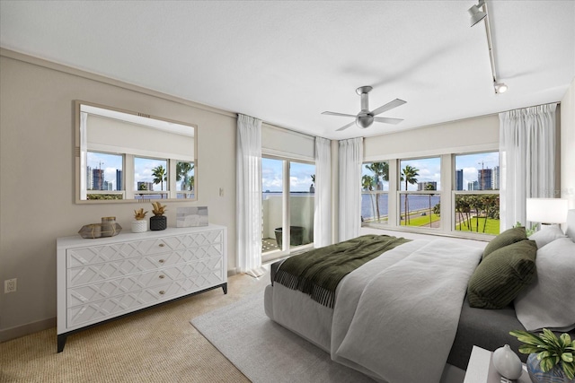 bedroom featuring baseboards, carpet, a ceiling fan, access to outside, and rail lighting