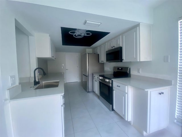 kitchen featuring light tile patterned flooring, sink, white cabinetry, and stainless steel appliances