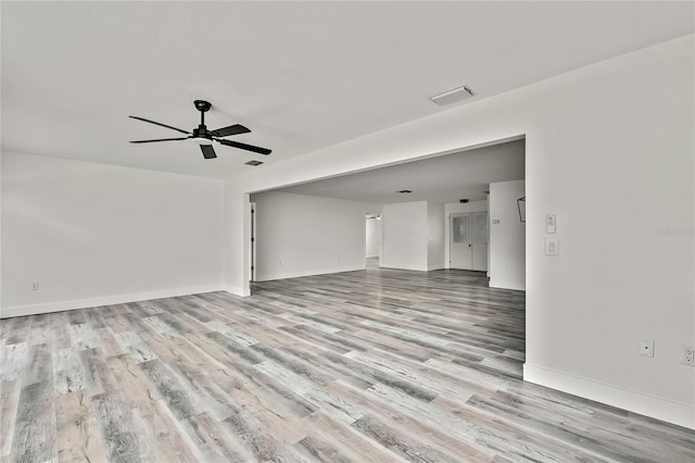 unfurnished living room with light hardwood / wood-style flooring and ceiling fan