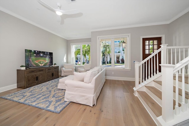 living room with ceiling fan, light hardwood / wood-style flooring, and ornamental molding