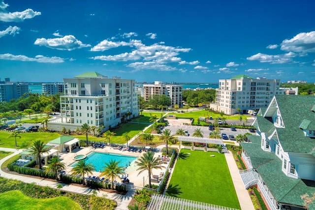 birds eye view of property featuring a water view