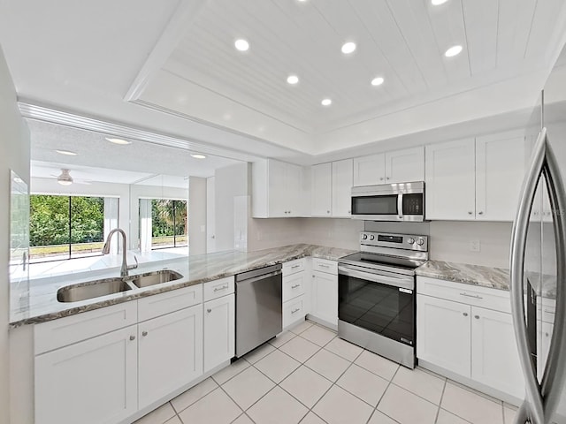 kitchen with white cabinetry, sink, ceiling fan, stainless steel appliances, and kitchen peninsula