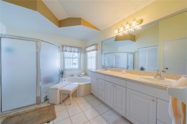 bathroom with tile patterned flooring, a textured ceiling, vaulted ceiling, and plus walk in shower