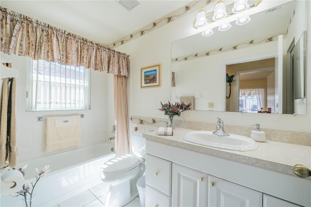 full bathroom with tile patterned floors, shower / bath combination with curtain, toilet, and vanity