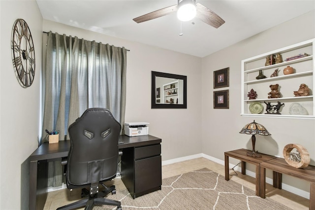 office area featuring ceiling fan and light tile patterned flooring