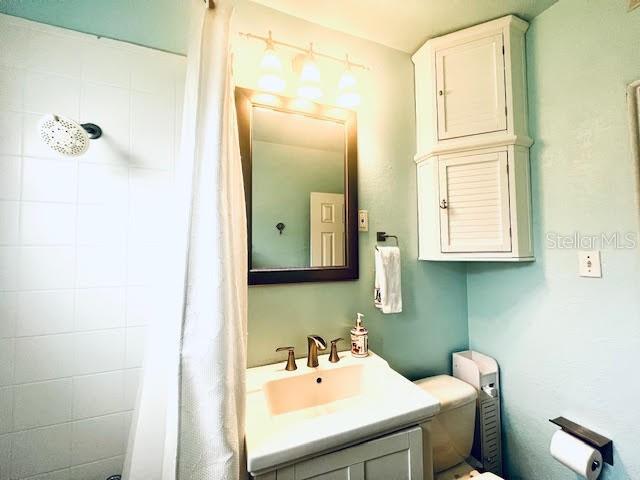 bathroom with a shower with curtain, toilet, and vanity