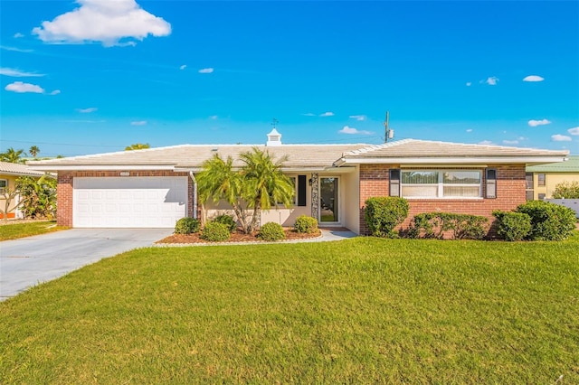 ranch-style house with a front yard and a garage