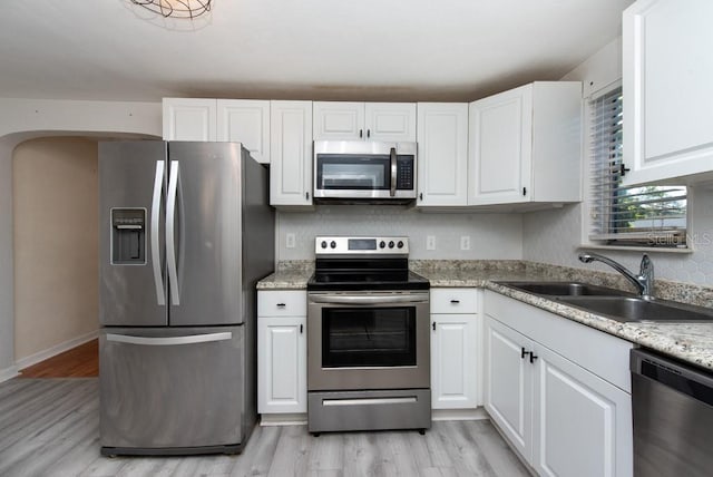 kitchen with white cabinetry, light hardwood / wood-style flooring, sink, and appliances with stainless steel finishes