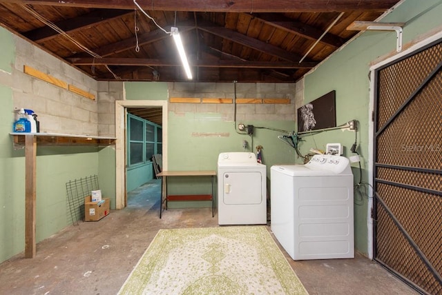 washroom featuring washer and clothes dryer and wood ceiling