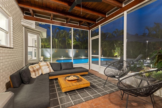 sunroom featuring ceiling fan, beam ceiling, wooden ceiling, and an AC wall unit