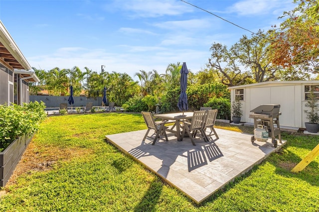 view of yard with a patio and a storage shed