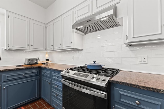 kitchen featuring blue cabinets, ventilation hood, white cabinetry, and stainless steel gas range oven