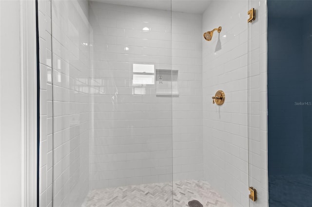 bathroom with a shower with shower door