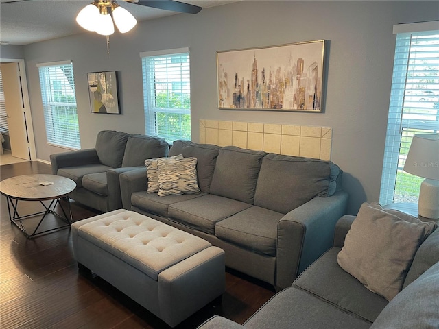 living room featuring dark hardwood / wood-style floors and ceiling fan