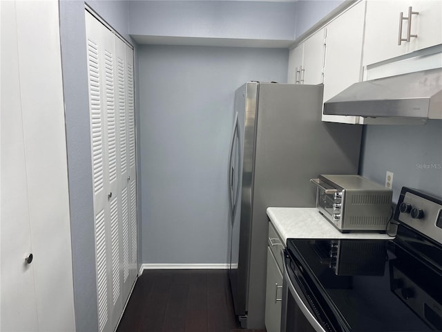 kitchen featuring dark hardwood / wood-style floors, white cabinetry, and stainless steel range with electric cooktop