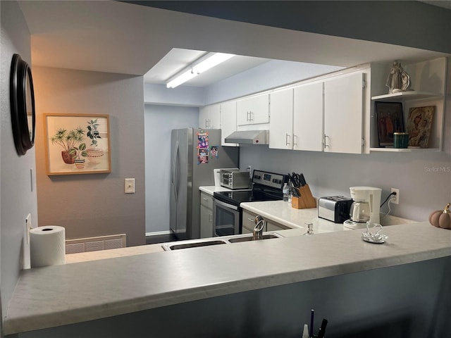 kitchen with appliances with stainless steel finishes, white cabinetry, sink, and range hood