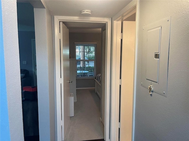 hallway with carpet and electric panel