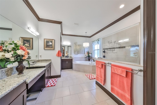 bathroom featuring tile patterned flooring, shower with separate bathtub, vanity, and ornamental molding