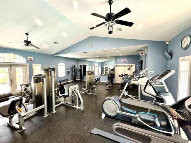 gym with ceiling fan and vaulted ceiling