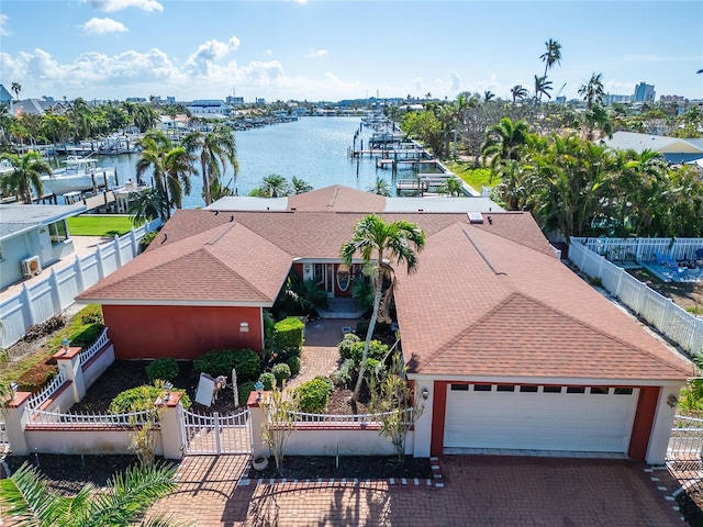 bird's eye view with a water view