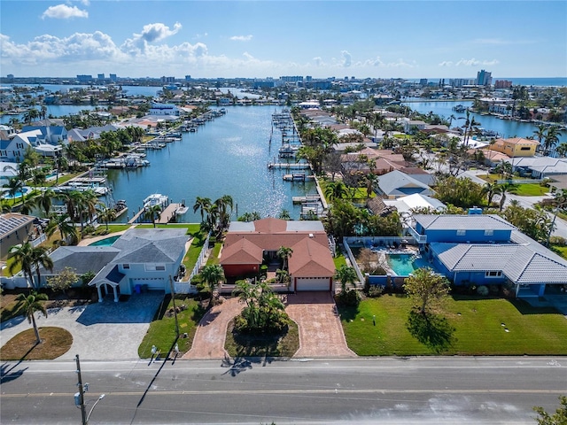 drone / aerial view with a water view