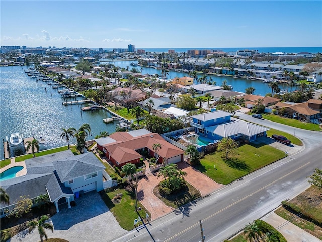 drone / aerial view featuring a water view